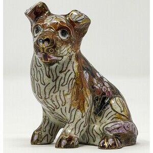 Vintage Cloisonné Dog Figurine Floral Enamel Gold 1950s Signed S